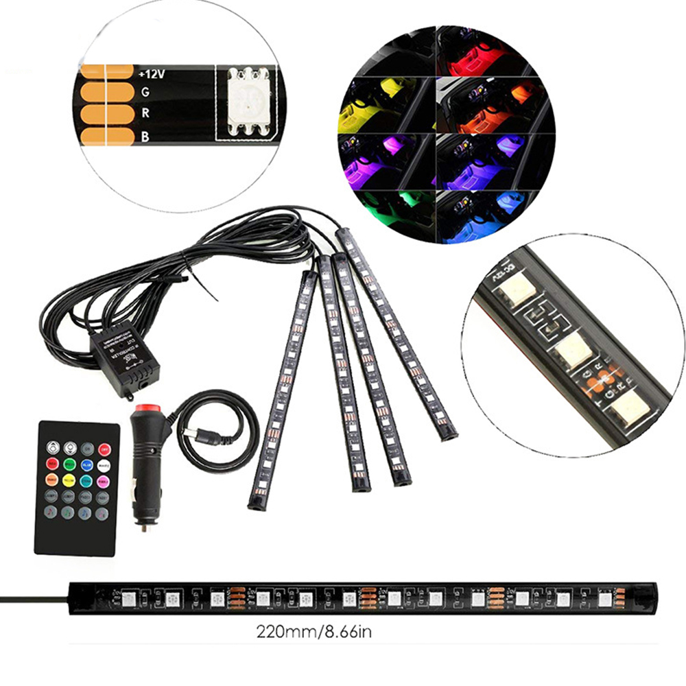 DC12V 4X12LEDs One Tow Four Car Atmosphere Light Colorful RGB Car Cigarette Lighter USB Voice Control Remote Control Atmosphere Light